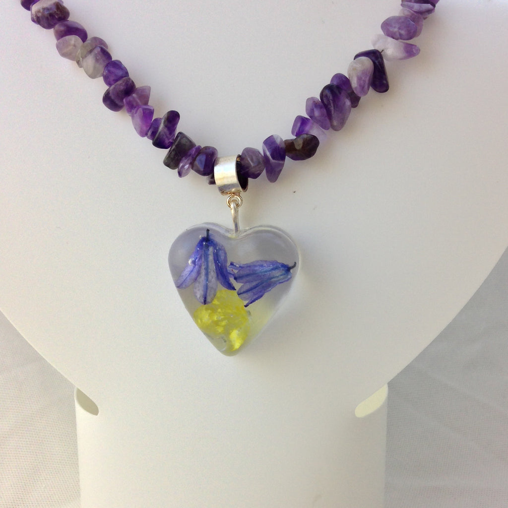 Stunning Amethyst chip necklace with real flower heart pendant